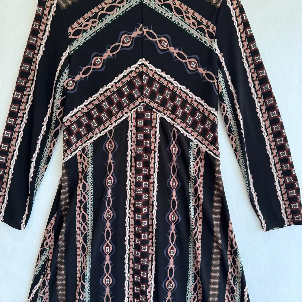 Free People Boho Geometric Print Long Sleeve A-Line Mini Dress Lined sz M